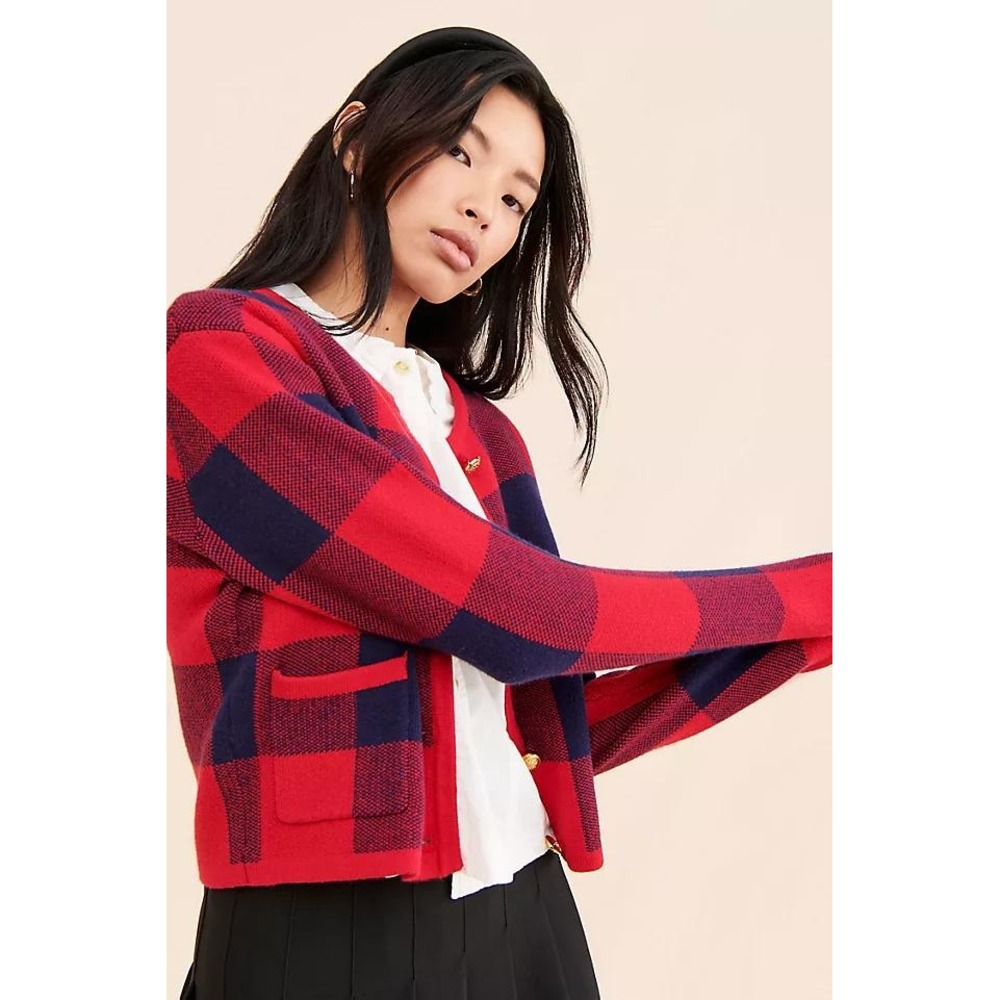 Anthropologie English Factory Cardigan Sweater L Red Navy Buffalo Plaid Lady